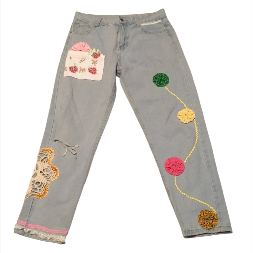 EKA ERIKA KELLY APPAREL Handsewn Denim YO-YO QUILT & CROCHET GRANNY CORE JEANS